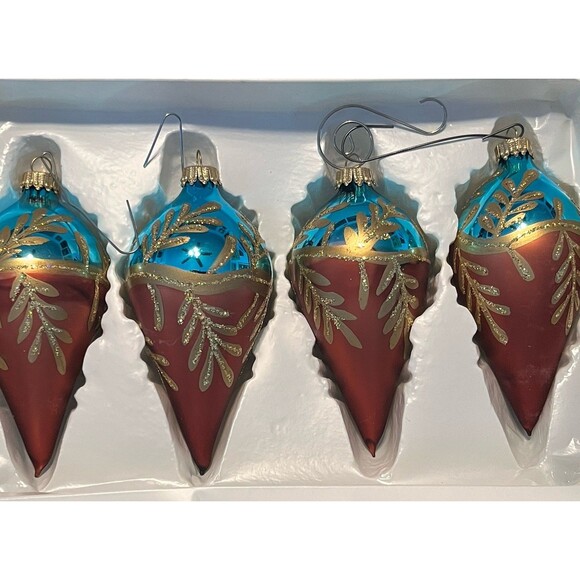 Vintage 90s Sparkling Creations Glass Ornaments 4 Set Rust  Aqua Gold Glitter - Picture 6 of 6